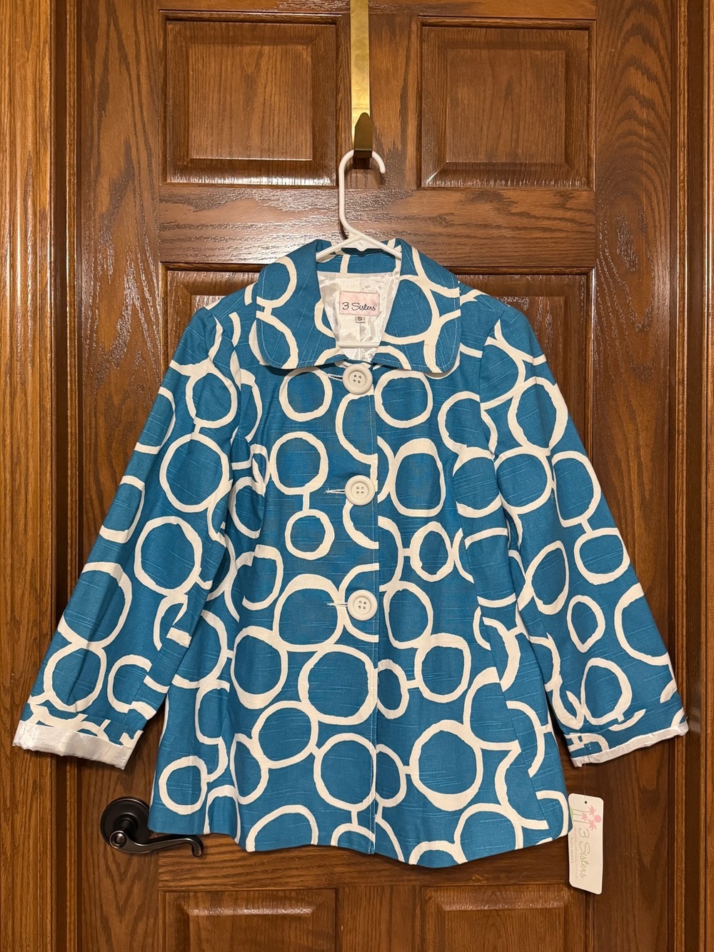 NWT 3 Sisters Size S turquoise and white geometric circle swing coat